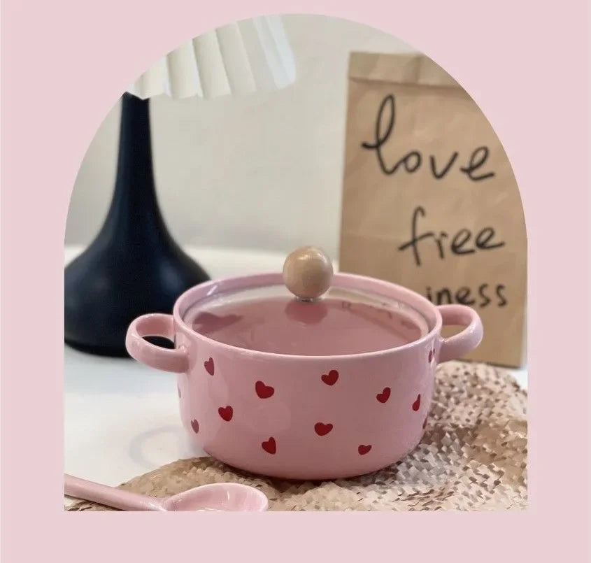 Pink Love Cutlery Set Rice Bowl Household Ceramic Double Ear Instant Noodle Soup Bowl Hand Paired Spoon Combination Noodle Bowl