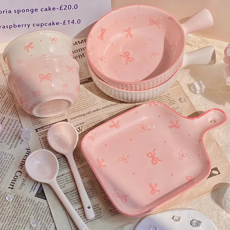 Pink Bow Ceramic Cutlery Set, Dessert Home Tableware Ceramic Handle Bowl Yogurt Cup High Value Breakfast Plate Drinkware