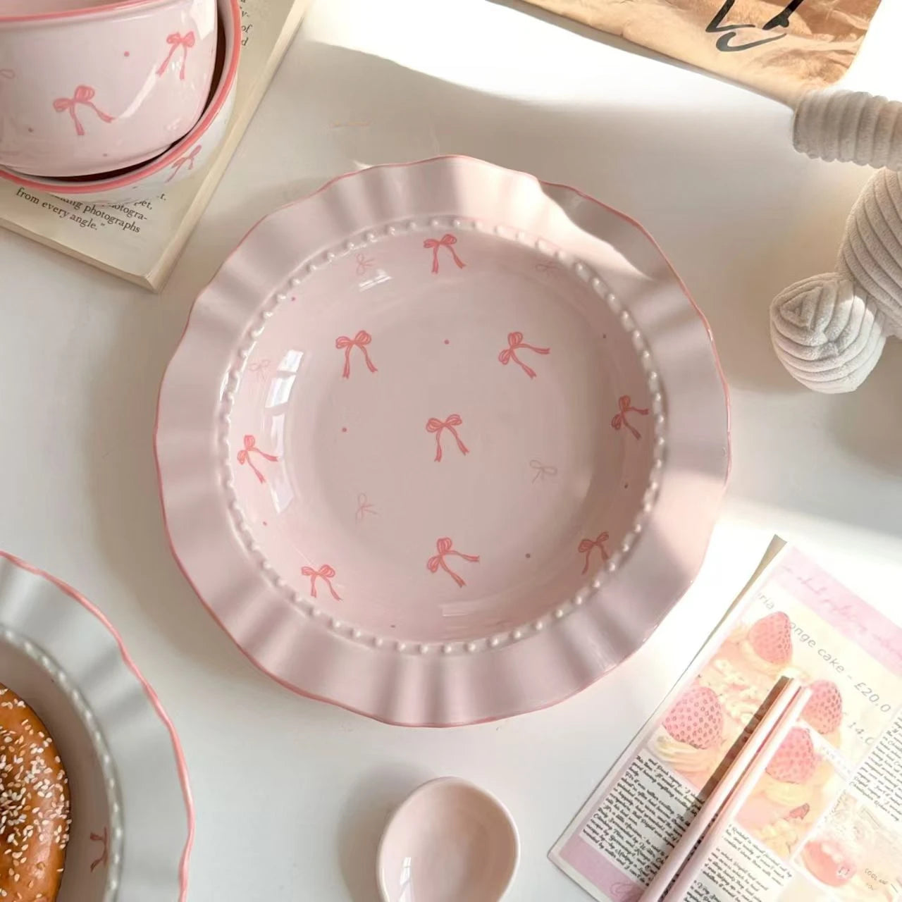 Pink Bow Rice Bowl,Ceramic Bowls Spoons Plates Underglaze Color High Value Tableware Dessert Bowl Set Unique Serving Plate