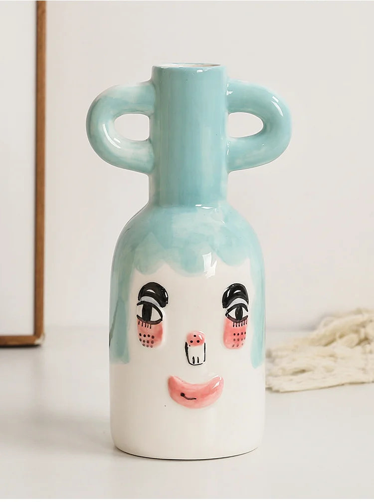 Fun Hand-painted Ceramic Flower Vase With Two Ears Living Room Decoration Accessories Decoración Hogar Home Decor Table Vases