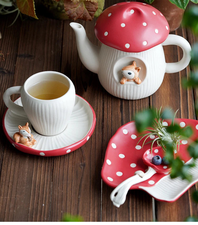 Cute Red Mushroom Ceramic Tableware Coffee Cup Afternoon Tea Set Creative Cartoon Pastry Plate Rice Bowl Salad Plate Dinner Dish