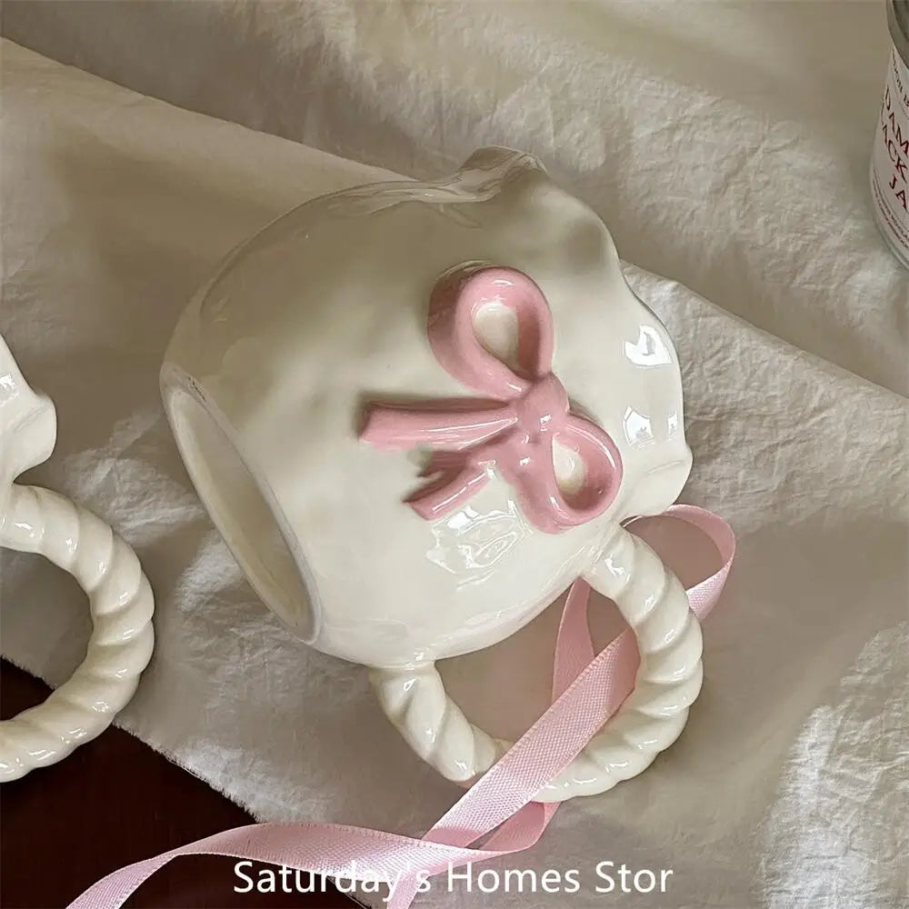 Cute Pink Relief Bow Ceramics Mug Cups Coffee Milk Drinks Ceramics Handle   Cup with Box Girls  Gift