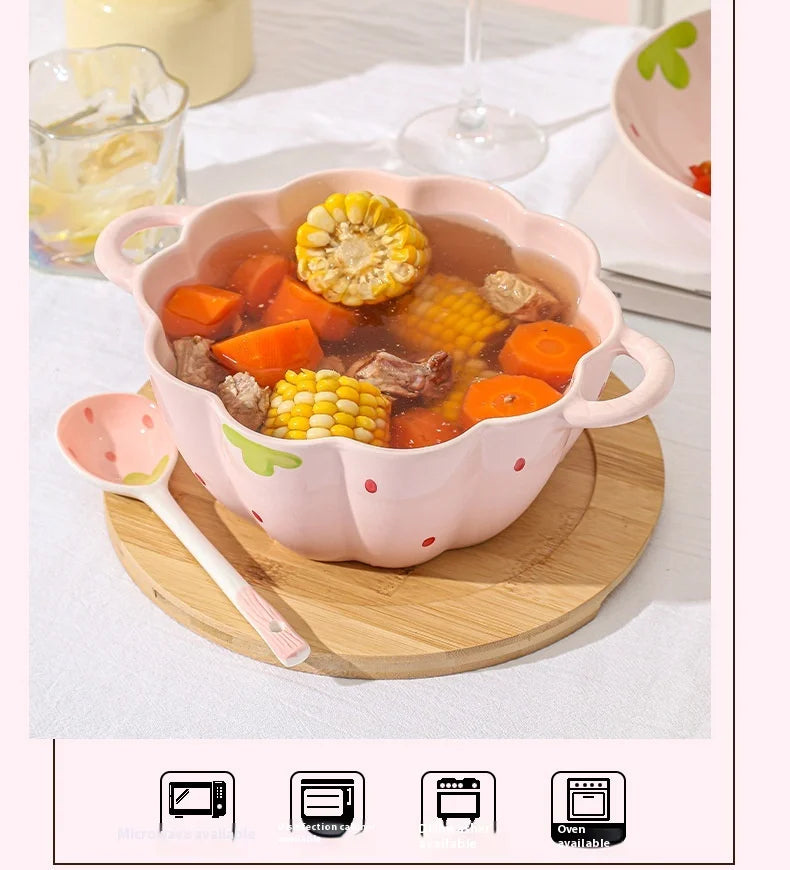 Cute Strawberry Ceramic Bowl Set For Home Use High Aesthetic Instant Noodles Salad Dessert Dining Tableware Kitchen Supplies