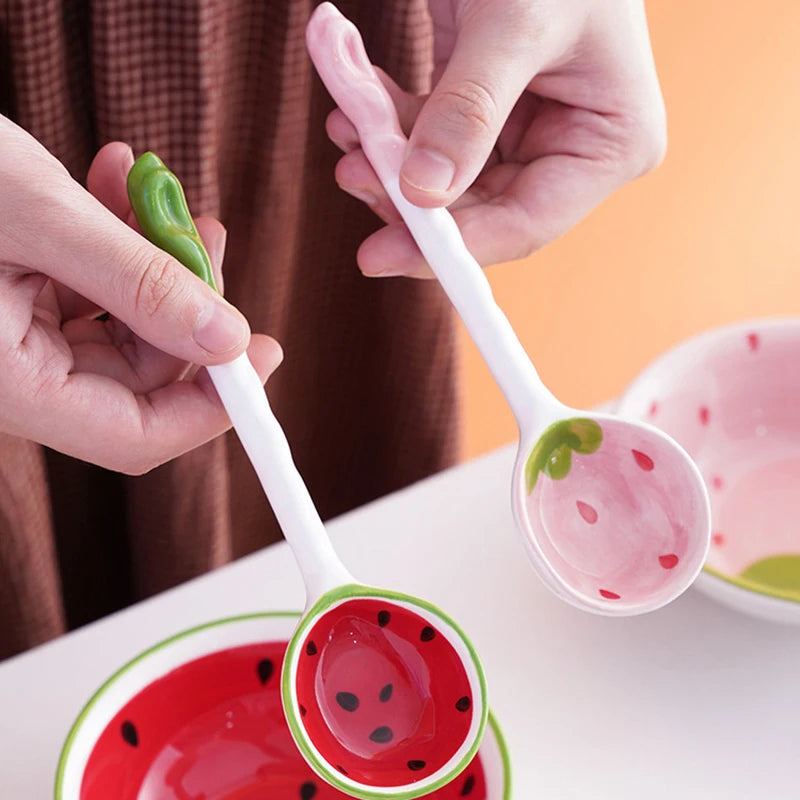 Lovely Strawberry Watermelon Shaped Bowl Spoon Ceramic Cereal Spoons Ramen Soup Spoons Fruit Pattern Serving Bowl Spoon