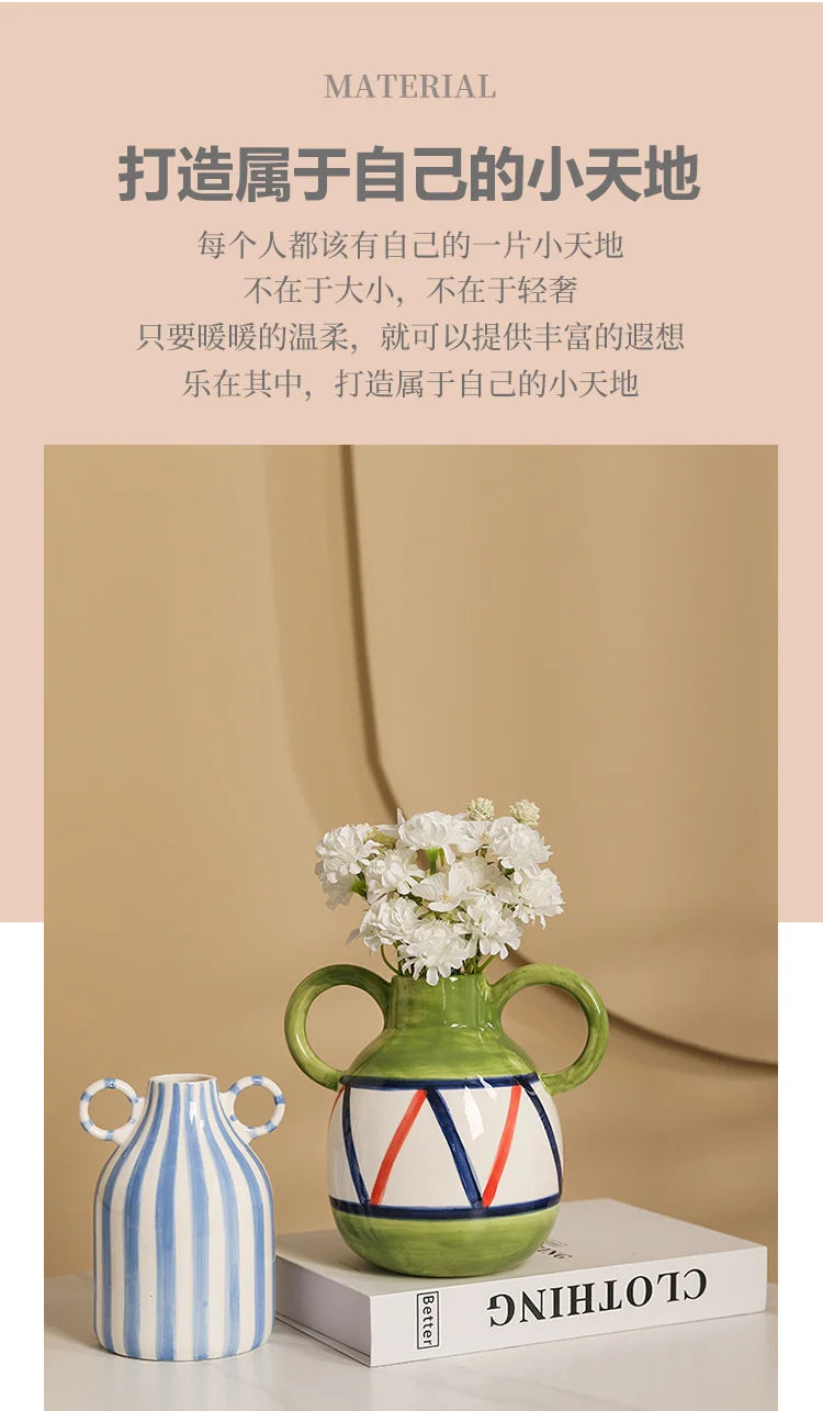 Fun Hand-painted Ceramic Flower Vase With Two Ears Living Room Decoration Accessories Decoración Hogar Home Decor Table Vases