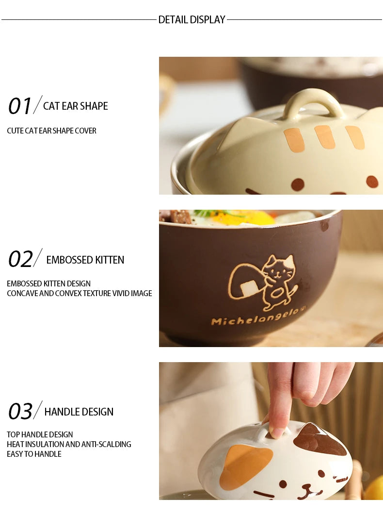 Japanese Cute Cat Cover Bowl Ceramic Soup Bowl Kawaii Instant Noodle Ramen Salad Baby Bowls Child Cartoon Decorative Dinnerware