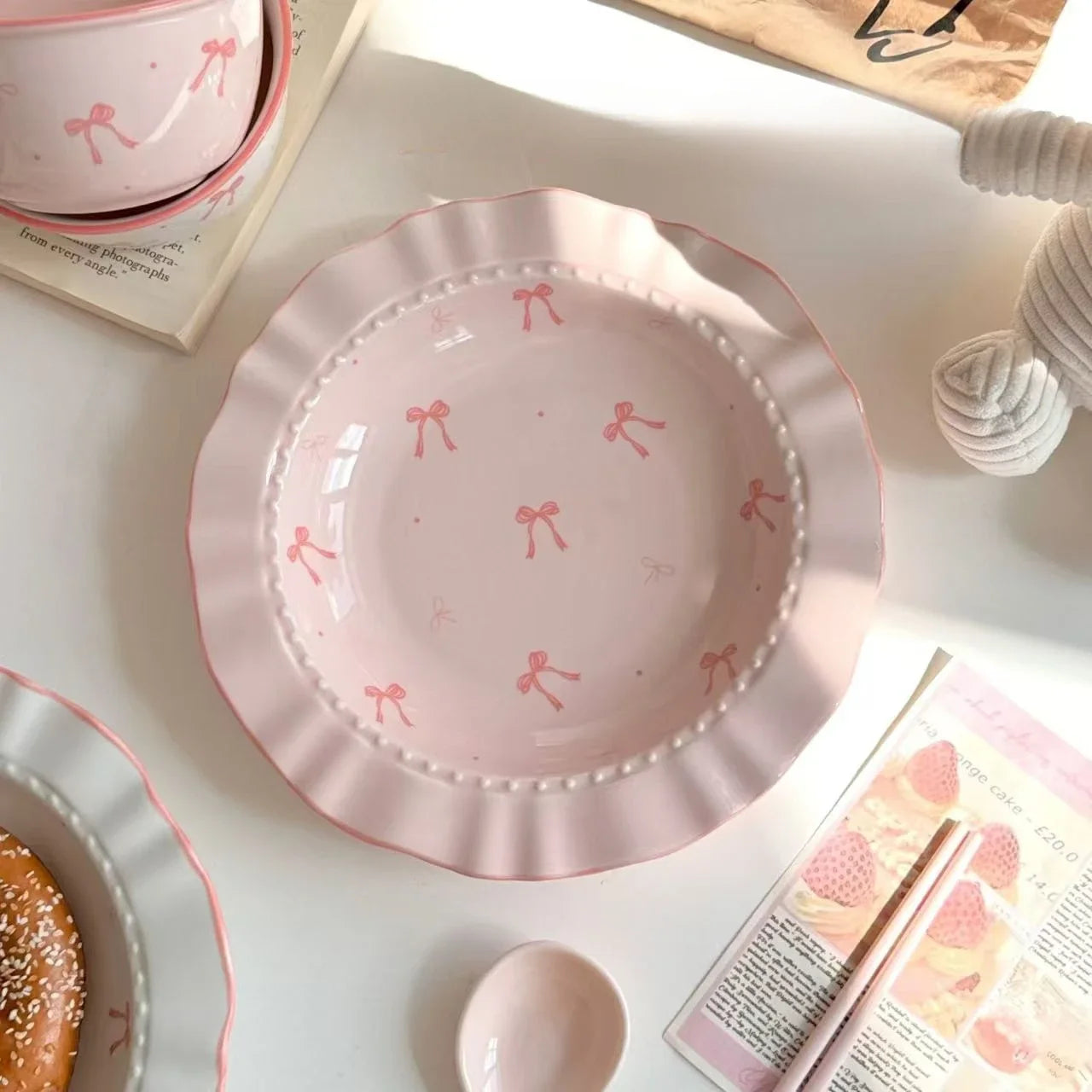 Pink Bow Rice Bowl,Ceramic Bowls Spoons Plates Underglaze Color High Value Tableware Dessert Bowl Set Unique Serving Plate