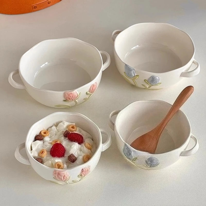 Cute Binaural Bowl Household Tableware with High Aesthetic Value Rice Bowl Ceramic Dessert Yogurt Salad Bowl