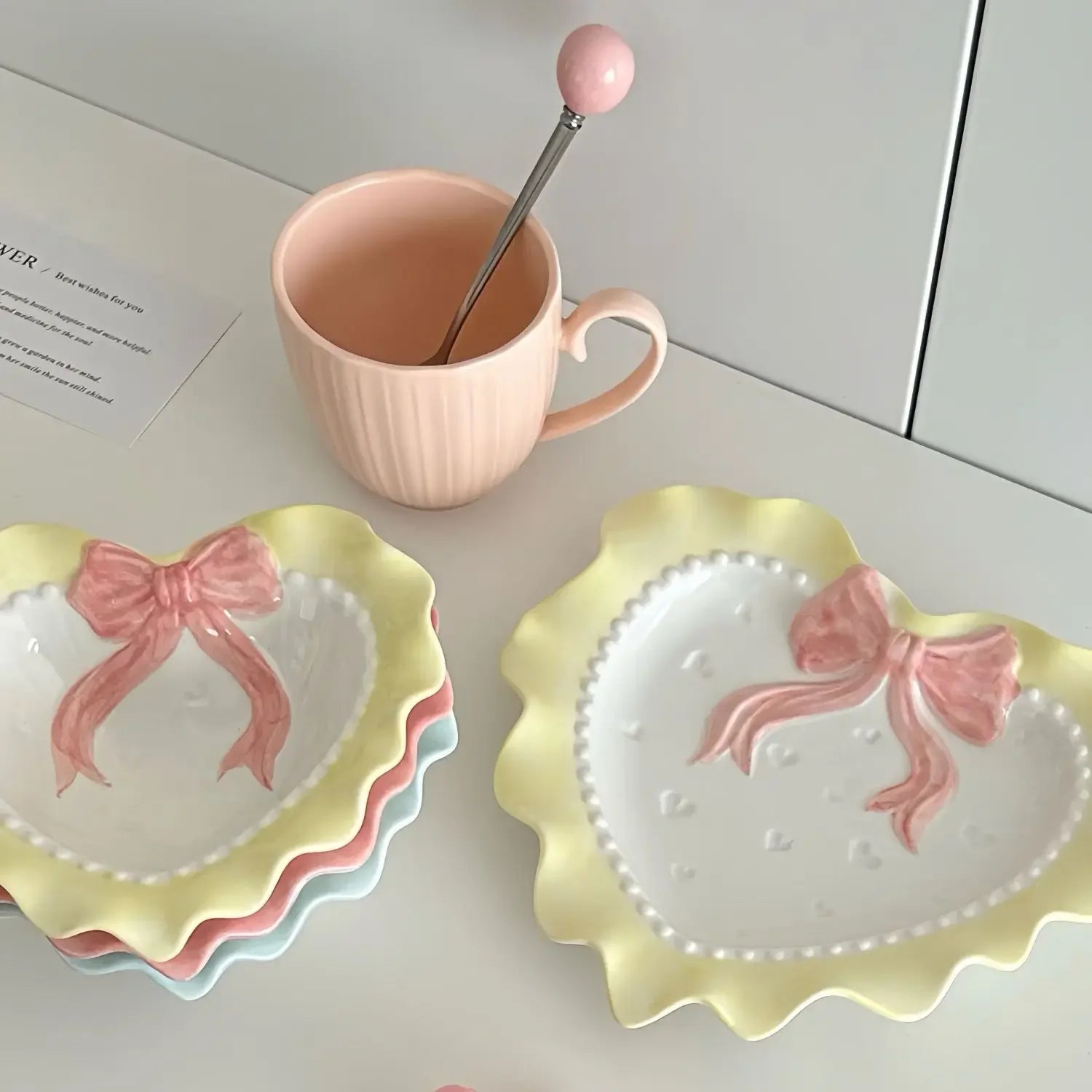 Heart-shaped Bow Wavy Edge Ceramic Dinnerware Set Ideal Cake Presentation, Korean Princess Pastry Platter, Lace-edged Rice Bowls
