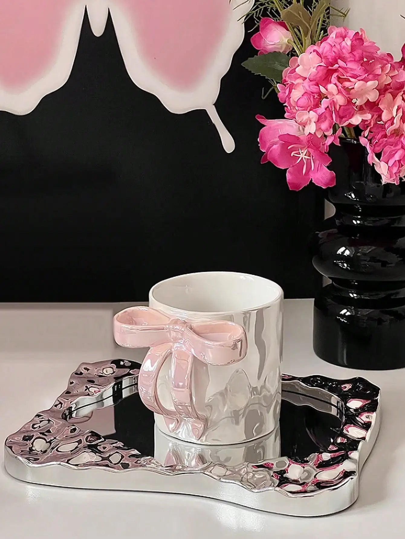 Ins style dreamy bow ceramic mug with high aesthetic value, drinking cup, coffee cup