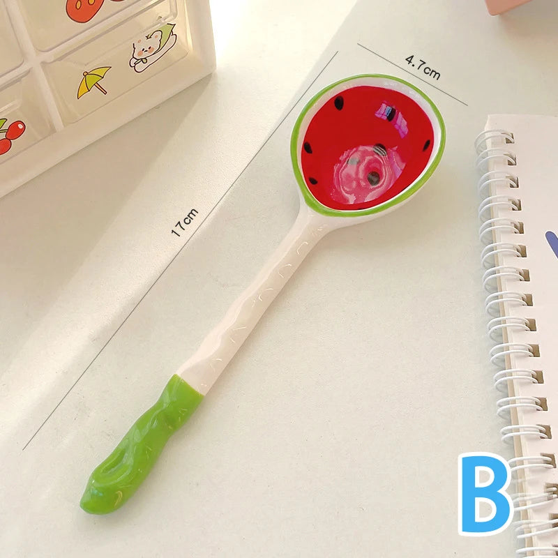 Lovely Strawberry Watermelon Shaped Bowl Spoon Ceramic Cereal Spoons Ramen Soup Spoons Fruit Pattern Serving Bowl Spoon