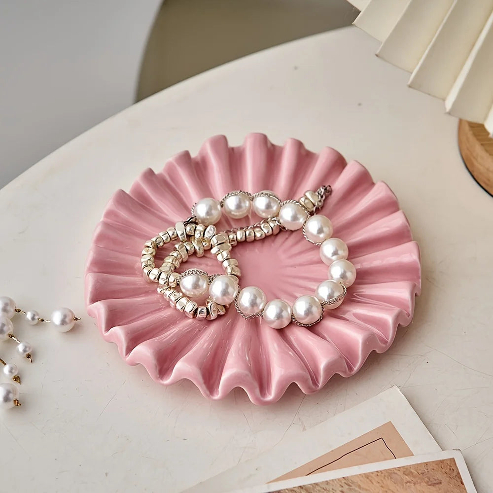Elegant Jewelry Tray Ceramic Ruffle Decorative Tray Perfect Modern Jewelry Bowl with Scalloped Design for Coffee Table Organizer