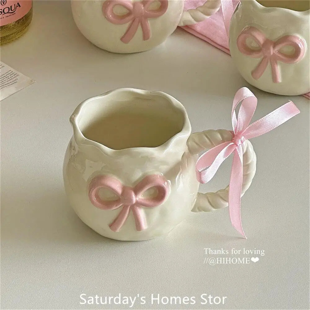 Cute Pink Relief Bow Ceramics Mug Cups Coffee Milk Drinks Ceramics Handle   Cup with Box Girls  Gift