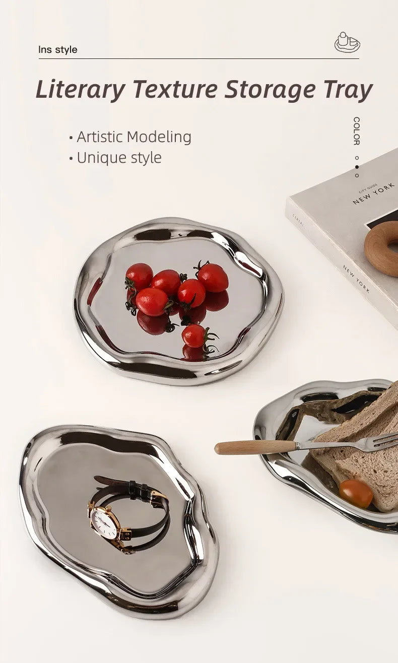 Nordic Silver Plated Ceramic Dish Irregular Tray Decorative Jewelry Organizer ins Creative Tray Luxury Ceramic Storage Tray