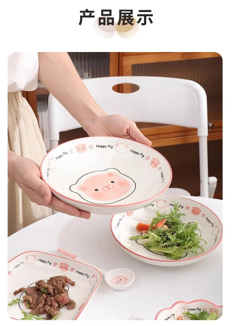 Cute Pig Ceramic Bowl Set Under Glaze Color Home Tableware Porcelain Dishes New Design