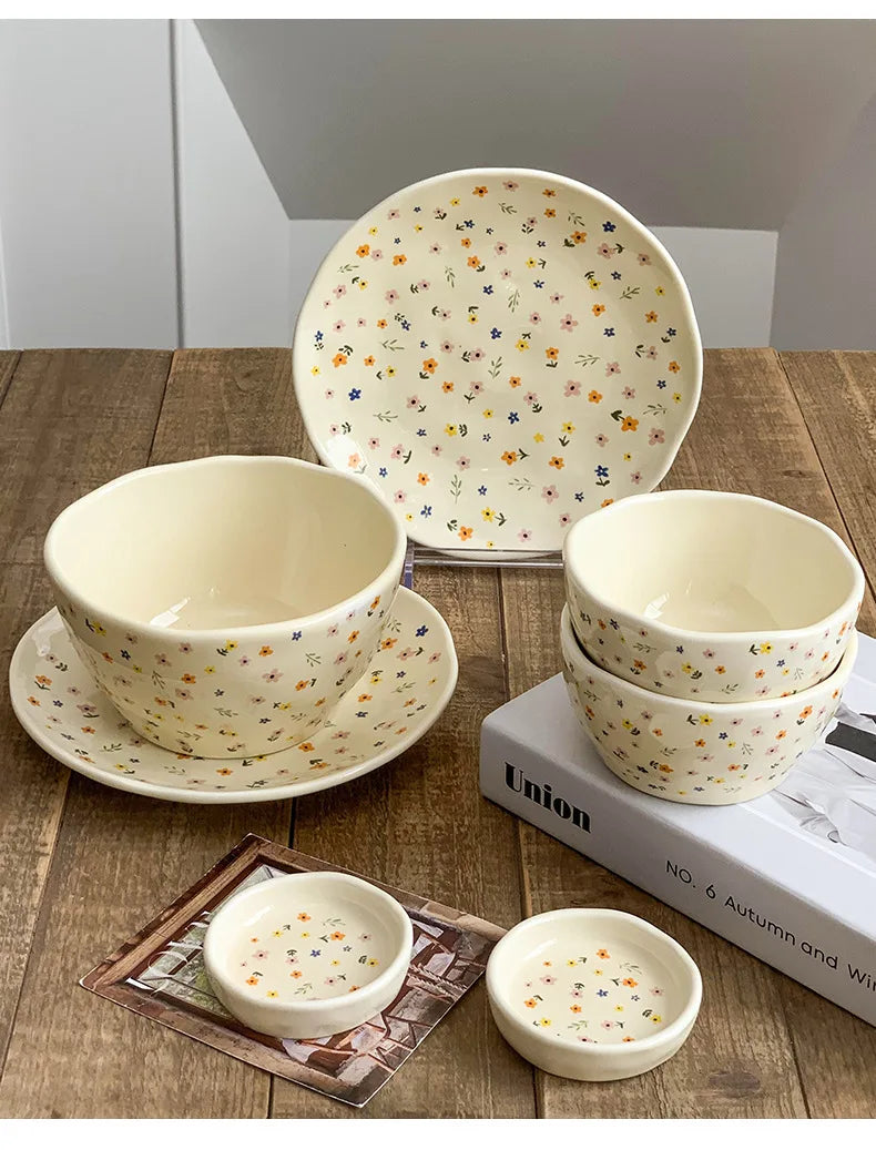 Korean Ceramic Bowl Dish with Fresh Flower Design INS Style High Appearance Level Home Domestic Rice Dish Fruit Salad Bowl