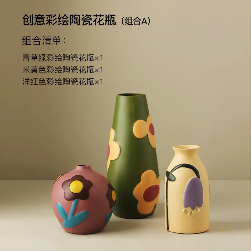 Desktop Ceramic Vase Living Room Flower Arrangement Creative Living Room Home Decoration Morandi Painted Flower Device