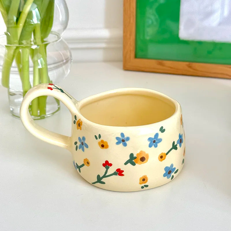 Korean Style Ceramic Mug Cute Hand Pinched Irregular Small Flower Pattern Coffee Cup Breakfast Milk Tea Cups Gift for Kids Girls