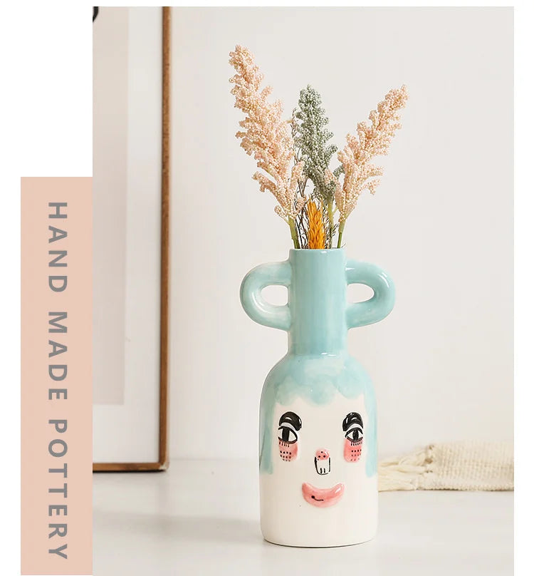 Fun Hand-painted Ceramic Flower Vase With Two Ears Living Room Decoration Accessories Decoración Hogar Home Decor Table Vases