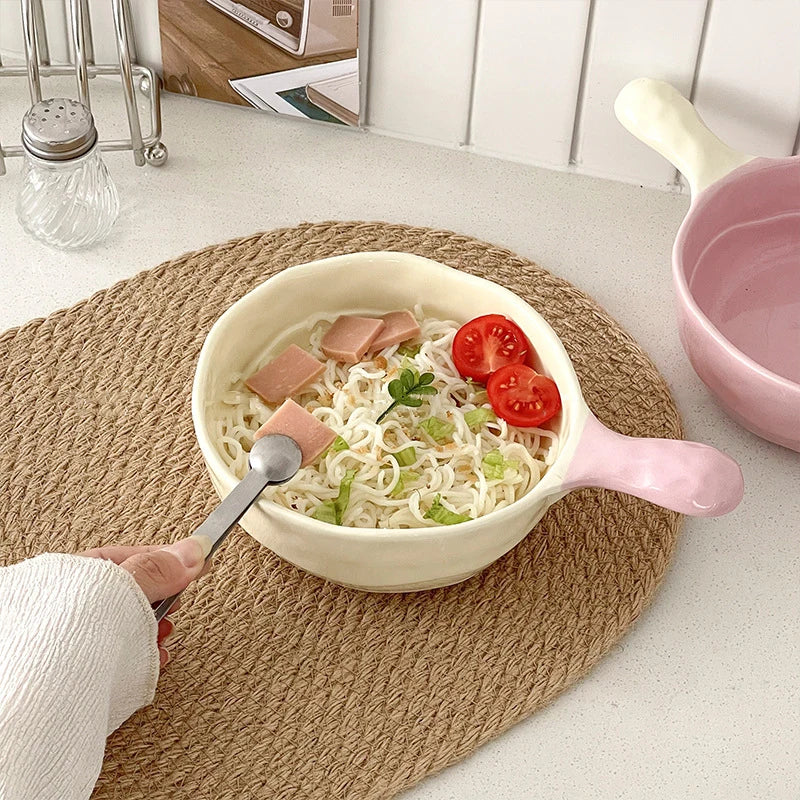 Simple Solid Ceramic Bowl With Handle Contrast Color Durable Home Kitchen Noodle Soup Dinnerware 500ML Fruit Yogurt Tablewares