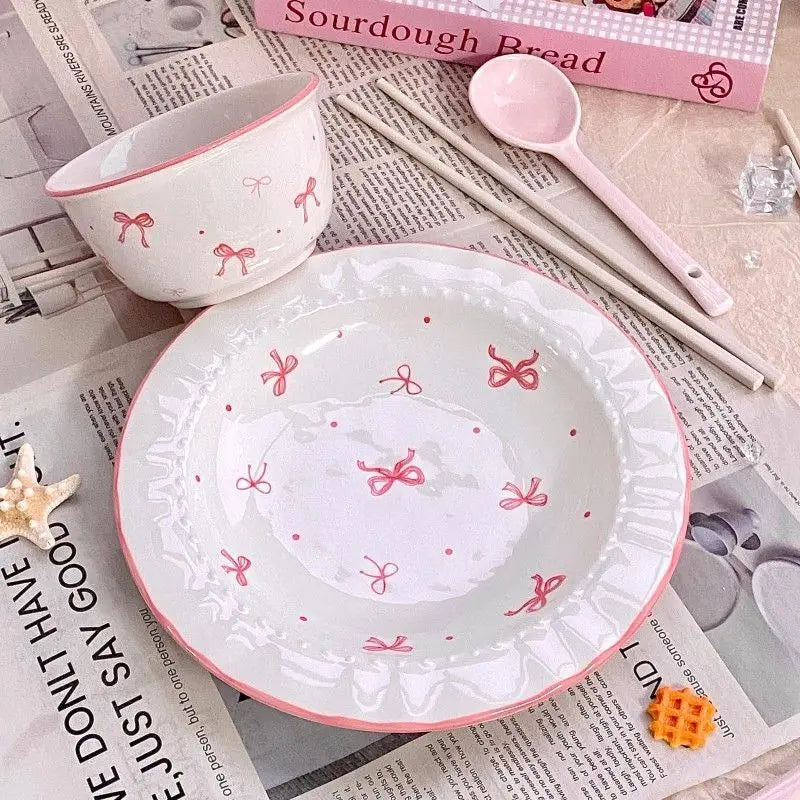Korean Style Bowknot Underglaze Colored Bowl Plate Ceramic Dining Plate Home Salad Dessert Plate Household Art Tableware Set
