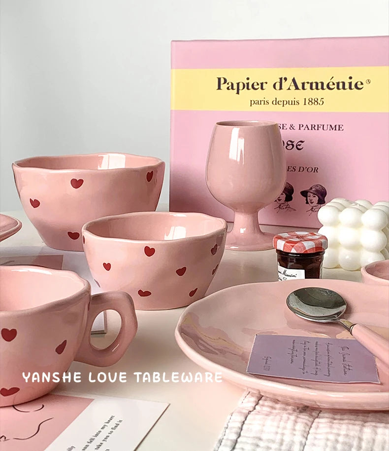 Salad Bowl Pink Heart Pattern Ceramic Plate Coffee Cup Children Dessert Bowl Household Cute Dinner Plates Restaurant Tableware