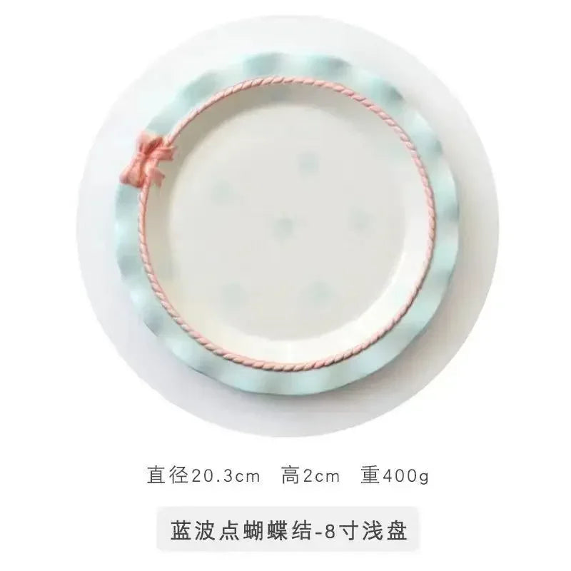 Heart-shaped Bow Wavy Edge Ceramic Dinnerware Set Ideal Cake Presentation, Korean Princess Pastry Platter, Lace-edged Rice Bowls
