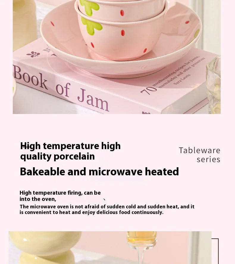 Cute Strawberry Ceramic Bowl Set For Home Use High Aesthetic Instant Noodles Salad Dessert Dining Tableware Kitchen Supplies