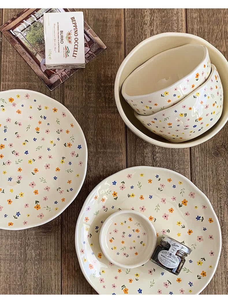 Korean Ceramic Bowl Dish with Fresh Flower Design INS Style High Appearance Level Home Domestic Rice Dish Fruit Salad Bowl