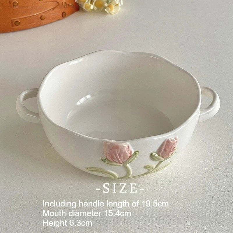 Cute Binaural Bowl Household Tableware with High Aesthetic Value Rice Bowl Ceramic Dessert Yogurt Salad Bowl