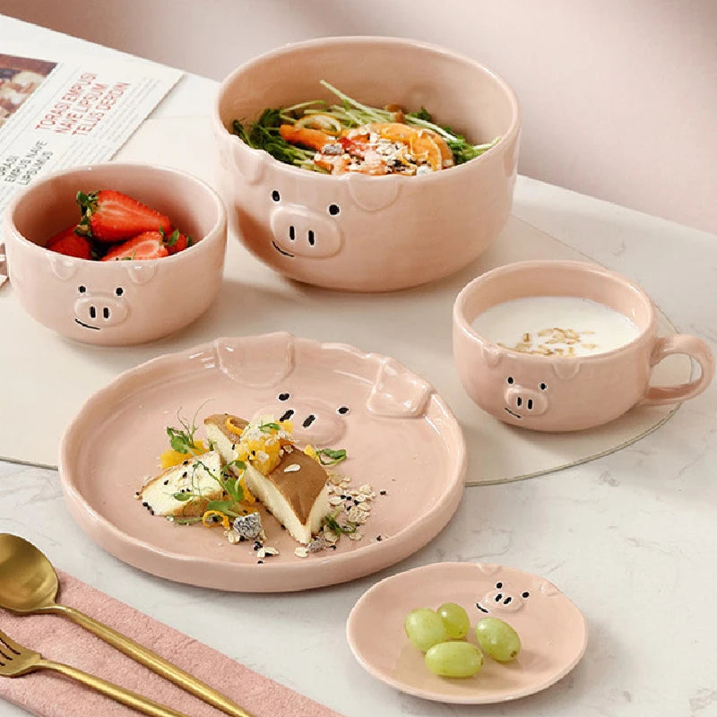 European Creative Cute Pink Pig Tableware Dishes Home Ceramic Plate Breakfast Nordic Wind Irregular Matte Plate Kitchen Utensils
