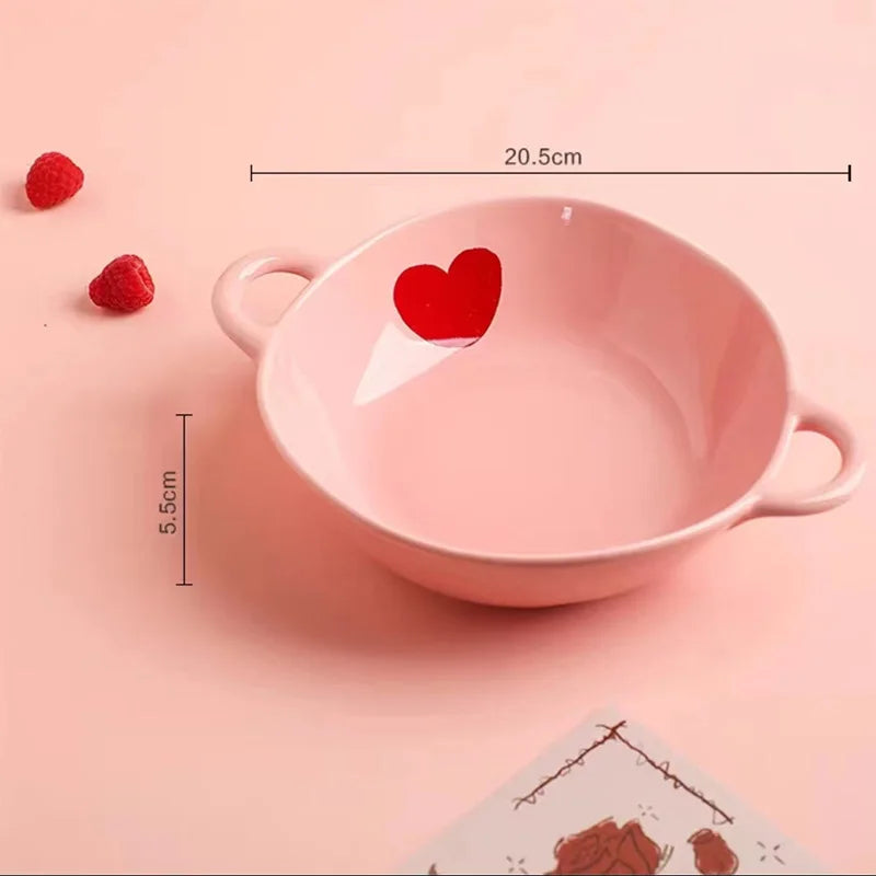 Salad Bowl Pink Heart Pattern Ceramic Plate Coffee Cup Children Dessert Bowl Household Cute Dinner Plates Restaurant Tableware