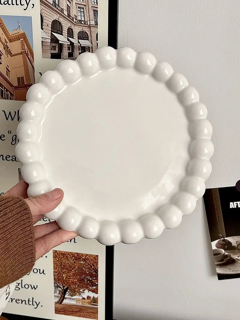 Cream Ins Ceramic Plate Bead Ordering Plate Milk Whisper Korean Wind Bead Edge Dessert Plate Breakfast Dish Home Tableware