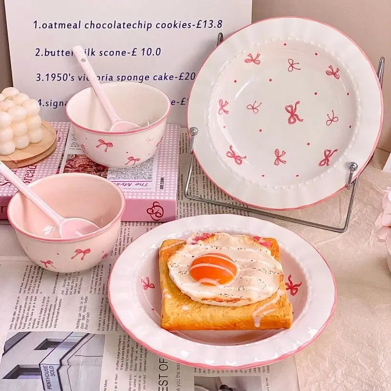 Korean Style Bowknot Underglaze Colored Bowl Plate Ceramic Dining Plate Home Salad Dessert Plate Household Art Tableware Set