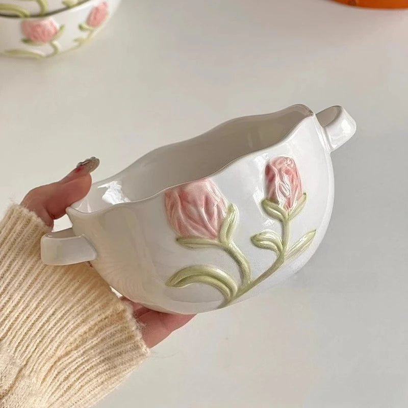 Cute Binaural Bowl Household Tableware with High Aesthetic Value Rice Bowl Ceramic Dessert Yogurt Salad Bowl