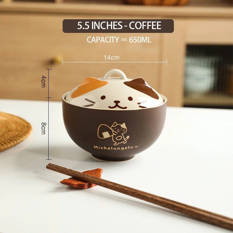 Japanese Cute Cat Cover Bowl Ceramic Soup Bowl Kawaii Instant Noodle Ramen Salad Baby Bowls Child Cartoon Decorative Dinnerware