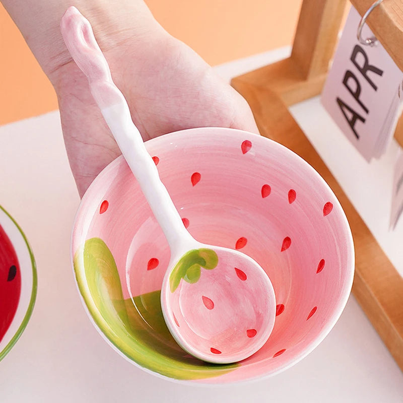 Lovely Strawberry Watermelon Shaped Bowl Spoon Ceramic Cereal Spoons Ramen Soup Spoons Fruit Pattern Serving Bowl Spoon