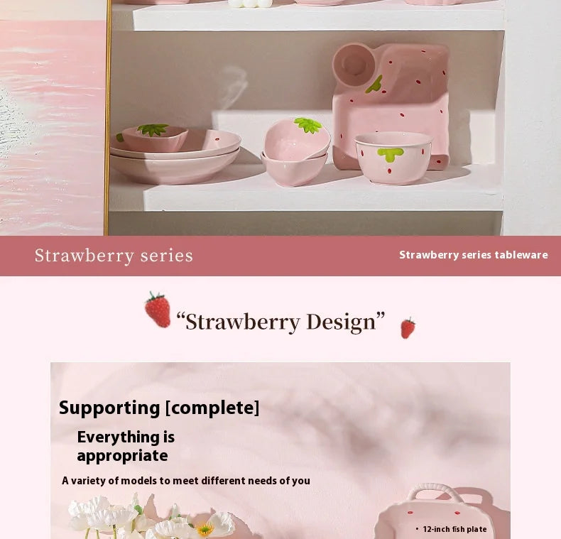 Cute Strawberry Ceramic Bowl Set For Home Use High Aesthetic Instant Noodles Salad Dessert Dining Tableware Kitchen Supplies