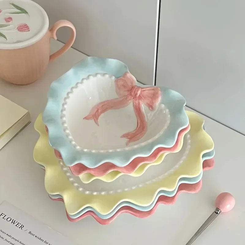 Heart-shaped Bow Wavy Edge Ceramic Dinnerware Set Ideal Cake Presentation, Korean Princess Pastry Platter, Lace-edged Rice Bowls