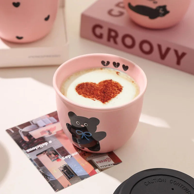 Pink Hand-held Coffee Cup Cute Casual Cup with Lid Female Water Cup French Beautiful Drinking Water Ceramic with Silicone Lid
