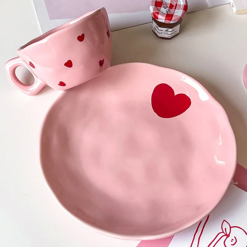 Salad Bowl Pink Heart Pattern Ceramic Plate Coffee Cup Children Dessert Bowl Household Cute Dinner Plates Restaurant Tableware
