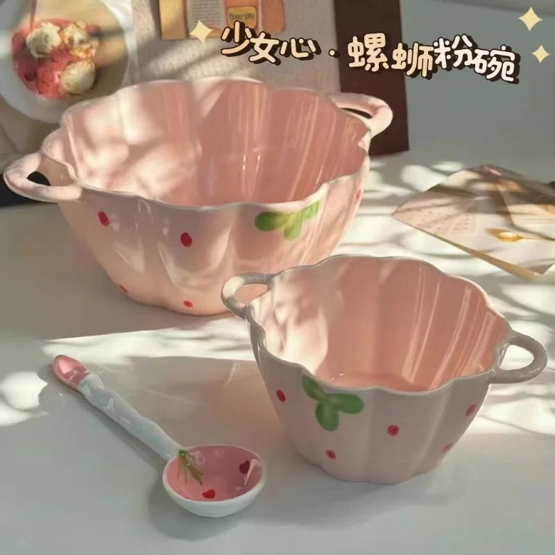 Cute Strawberry Ceramic Bowl Set For Home Use High Aesthetic Instant Noodles Salad Dessert Dining Tableware Kitchen Supplies