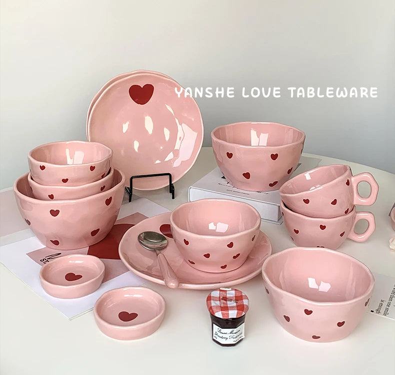 Salad Bowl Pink Heart Pattern Ceramic Plate Coffee Cup Children Dessert Bowl Household Cute Dinner Plates Restaurant Tableware