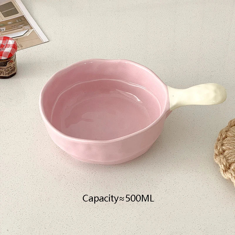 Simple Solid Ceramic Bowl With Handle Contrast Color Durable Home Kitchen Noodle Soup Dinnerware 500ML Fruit Yogurt Tablewares