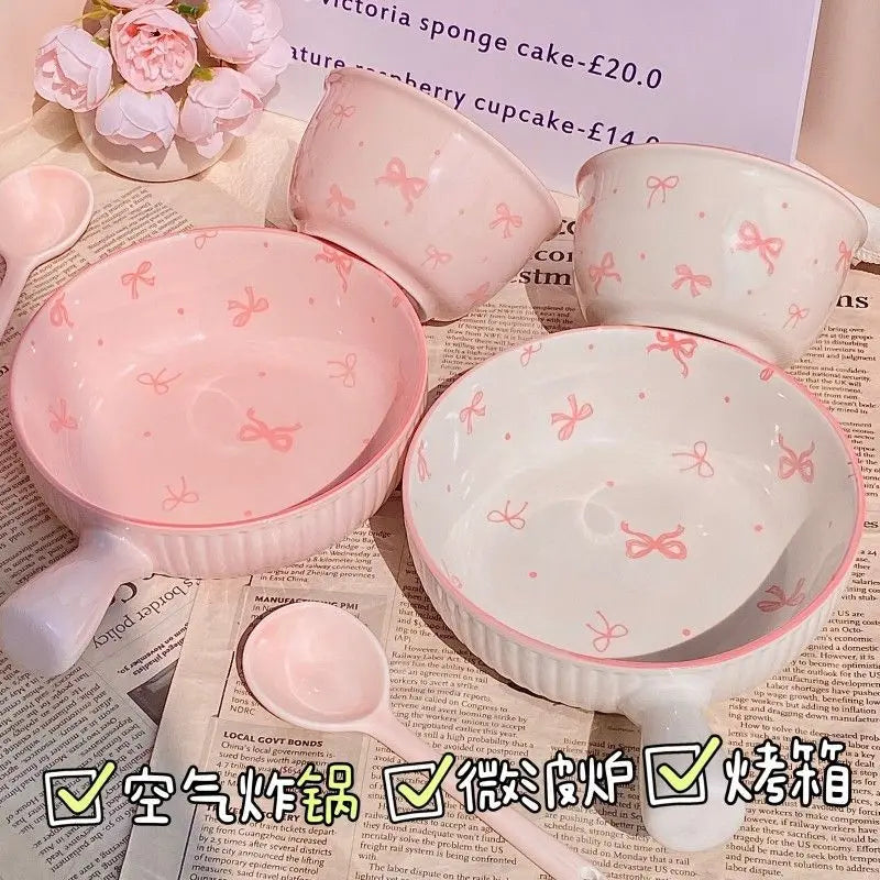 Pink Bow Ceramic Cutlery Set, Dessert Home Tableware Ceramic Handle Bowl Yogurt Cup High Value Breakfast Plate Drinkware