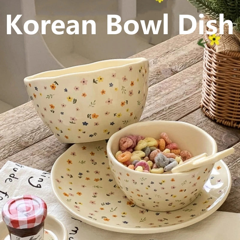 Korean Ceramic Bowl Dish with Fresh Flower Design INS Style High Appearance Level Home Domestic Rice Dish Fruit Salad Bowl