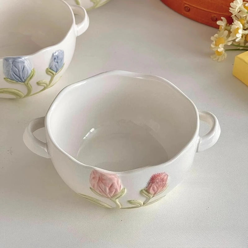 Cute Binaural Bowl Household Tableware with High Aesthetic Value Rice Bowl Ceramic Dessert Yogurt Salad Bowl