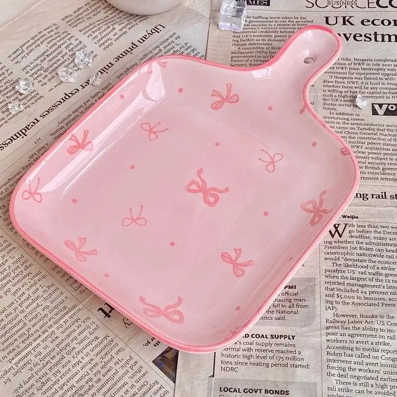 Pink Bow Ceramic Cutlery Set, Dessert Home Tableware Ceramic Handle Bowl Yogurt Cup High Value Breakfast Plate Drinkware