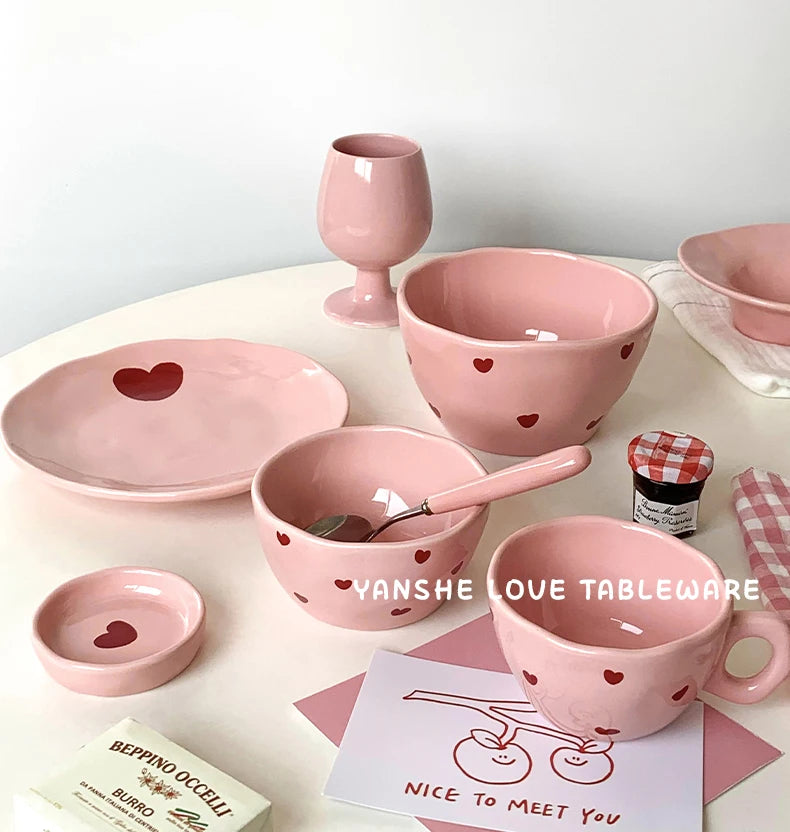 Salad Bowl Pink Heart Pattern Ceramic Plate Coffee Cup Children Dessert Bowl Household Cute Dinner Plates Restaurant Tableware