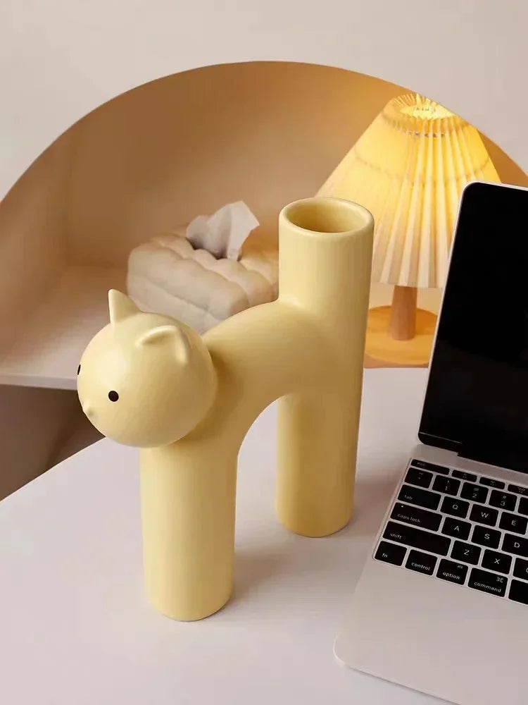 Ceramic Flower Vase H-shaped Cute Tubular Kawaii Cat Vase Room Home Desktop Decoration Room Decor Art Ornament Gift Flowerpot